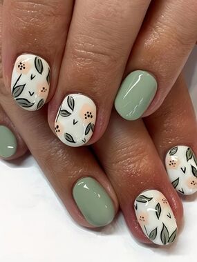 Green & Cream Floral Press On Nail